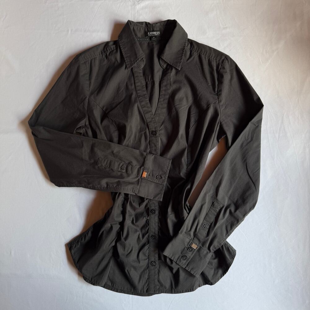 Express Essential Stretch Black Fitted Button Down Shirt Medium 2010 Y2K Preppy